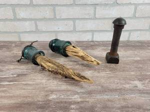 (2) Antique Insulators w Original Threaded Wood Post and Railroad Bar Bolt