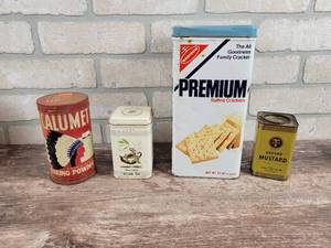 Antique Spice and Food Tins - Saltines, Baking Powder, Ground Mustard and Assam Tea