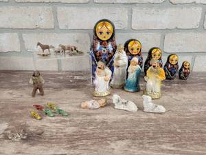 Miniature Diecast Shoes, Miniature Hand Carved Animals and Figure, Russian Nesting Dolls and Nativity Figures