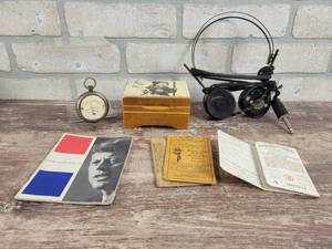 Vintage Boy scouts Honor Record, Antique American Bell Allied Radio Corp. Headphones, Vintage Beckley-Ralston Ammeter and Vintage Swiss Music Box (Works)