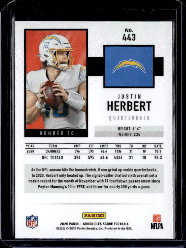 2020 Score Chrome Justin Herbert Rookie #443