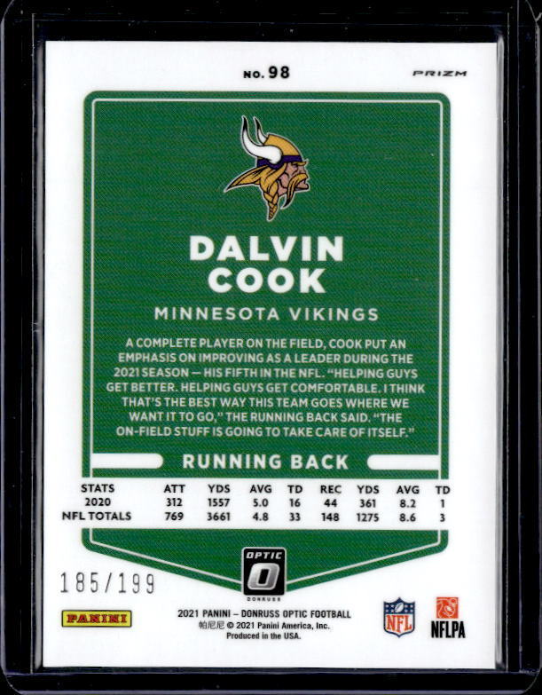 2021 Optic Orange Prizm Dalvin Cook #98 Serial #185199