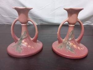 lot 23 image: Pair Of Vintage Roseville Pottery Candleholders