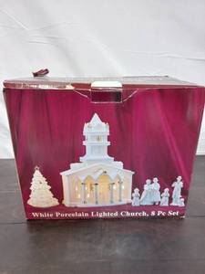 lot 96 image: White Lighted Christmas Church Set
