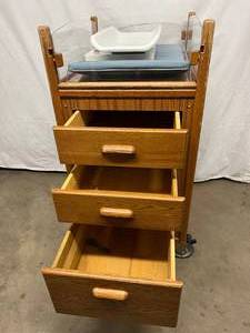 3 Drawer Wood New Born Baby Cabinet Cart On Locking Wheels With Drop Down Plexiglas Sides &amp Tanita Baby Scale - Good Condition