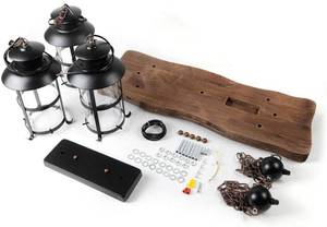 lot 4 image: 3-Light Iron Wood Pendant Light, Retro Rustic Chandelier, Clear Glass Shade, Black Finish, Ceiling NEW Unopened