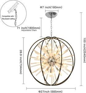 lot 9 image: Vezzio Orb Chandelier 12 Lights 27 Chandeliers Pendant Light Fixture for Kitchen Dining Room Living Room Entryway Foyer and Hallway, Black Bronze and Chrome Finish with Crystal Glass Tube Unused