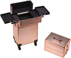 lot 21 image: Rolling Train Case 5-in-1 Portable Makeup Train Case Professional Cosmetic Organizer Makeup Traveling case Trolley Cart Trunk (Rose Gold)