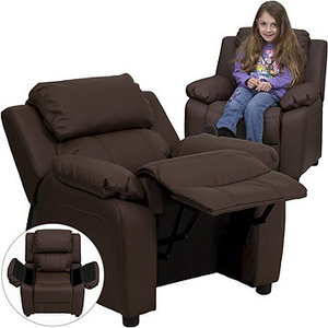 lot 164 image: Brand New - Open Box Item Deluxe Padded Contemporary Kids Recliner with Storage Arms - Brown