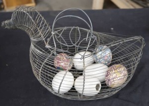 ANTIQUE EGG BASKET AND RARE GLASS EGGS