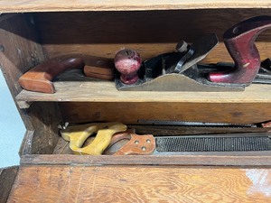 Old Vintage Wood Carpenters box with tools