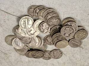 ROLL OF 50 US SILVER 90% DIMES MERCURY & ROOSEVELT