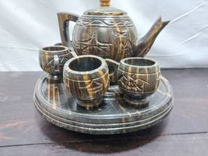 lot 29 image: Wood Carved Asian Inspired Tea Set