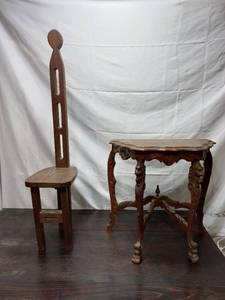 lot 35 image: Folk Art Stool and Decorative End Table