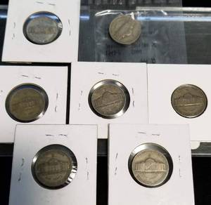GROUP OF 7 US WWII WAR TIME SILVER NICKELS AS PICTURED
