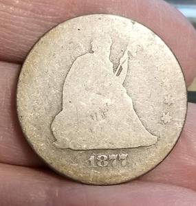 2 COINS 1877 SEATED QUARTER & 1916 BARBER DIMES