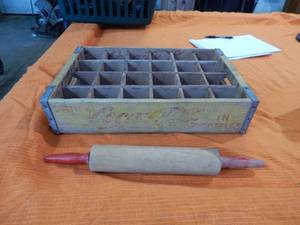 lot 40 image: Antique Coke Crate & Rolling Pin