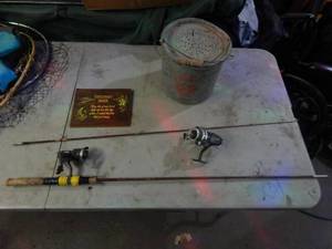 Vintage Golden Rod, 2 - Reels, Bait Bucket And Sign