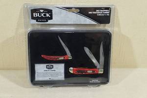 lot 101 image: Buck Knives 382 Trapper and 385 Toothpick Combo Knife Set in Tin