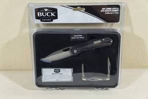 lot 102 image: Buck Knives 257 Liner Lock and 375 Deuce Combo Knife Set in Tin