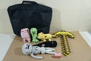 lot 119 image: Minecraft Plush Toys and Pick Axe with Bag