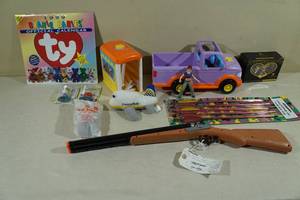 lot 132 image: Assorted Toys -Double Barrel Shot Gun, Arrows, Disney Princess, Minions