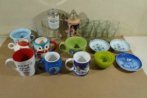lot 289 image: Assorted Glassware -Coke Glasses, Redneck Wine Glass, Coffee Mugs