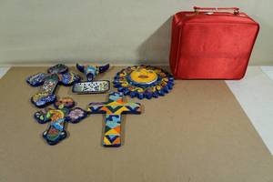 lot 291 image: Hand Painted Mexican Decorative Items - Cross, Sun, Bull