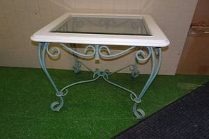 lot 207 image: Metal Frame Wood End Table with Beveled Edge Glass Top