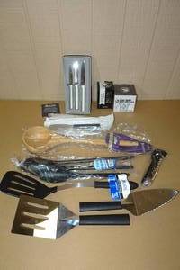 lot 250 image: Assorted Kitchen Products -Ladle, Knives, Spatula, Shot Glass
