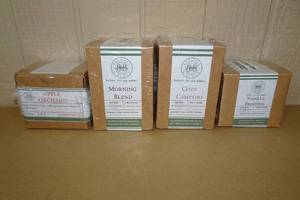 lot 254 image: 4 New Begonia and Bench Candles -Apple Orchard, Moring Blend, Cozy Campfire, Vanilla Frosting