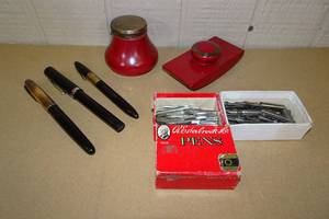 lot 276 image: Antique Fountain Pen Well, Pens and Replacement Nibs