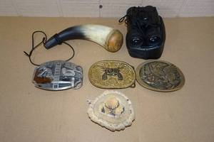 lot 284 image: Deer Antler Crown Belt Buckle with Powder Horn, Binoculars and Belt Buckles