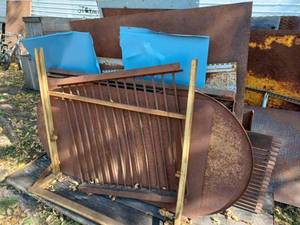 Home-Made Metal Rack Containing 21.5-inch X 67-inch Heavy Iron Floor Grate and Assorted Sheet Metal