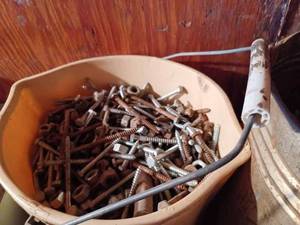 One and a Half Gallon Pail of Assorted Lag Bolts, and One and a Half Gallon Tin of Asst. Buts, Bolts, Washers