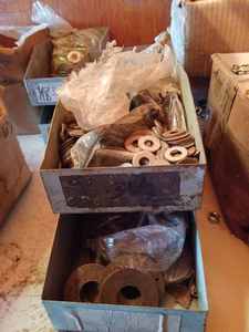 Four Work Bench Trays of New Flat Washers and a Box of New Flat Washers