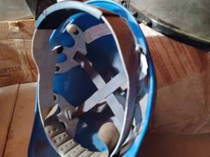 Blue Hard Hat, Pair of Gas Welding Goggles, and a Set of Jackson Headgear with New Face Shields, and Leather Vest