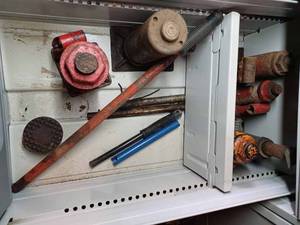 4-Drawer File Cabinet Containing Five 2-Ton Bottle Jacks, One Screw Jack, Four Jack Handles, Box of New Roll Pins