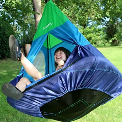 M & M Sales Enterprises Outdoor Teepee Tent Swing, 39in Textilene Platform Swing, Colorful Detachable Tent, Hanging Tree Fort, 250 Lbs., Single or Multi-Rider, Swing and Spin.