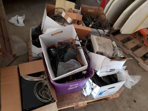 Tote of Various Computer Parts Cords and Etc
