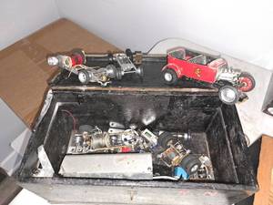 lot 1396 image: Slot Car Parts and Accessories with Wooden Box