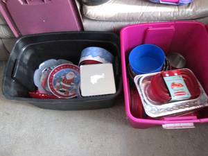 lot 311 image: 2 covered totes of servingware, tin...