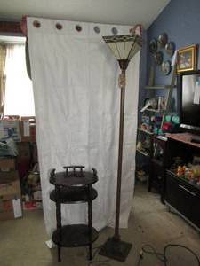 lot 336 image: Floor lamp and vintage wood side ta...