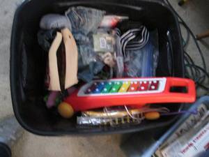 lot 338 image: Covered tote filled with craft, kid...
