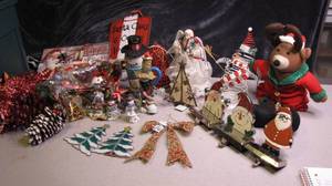 lot 82 image: Covered Tote Filled with Christmas Decor