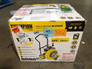 lot 13 image: Champion 160 MPH 1300 CFM 224 cc Walk-Behind Gas Leaf Blower with Swivel Front Wheel and 90-Degree Flow Diverter open box customer return see pictures