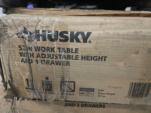 Husky 52 in.W x 24 in. D Steel 1-Drawer Adjustable Height Workbench with Dark Stained Wood Top in Gloss Black Open box review pictures