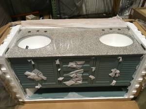 Home Decorator Hamilton 61 in. W x 22 in. D x 35 in. H Open Shutter Bathroom Vanity in Sea Glass with Grey Granite Top damaged review pictures