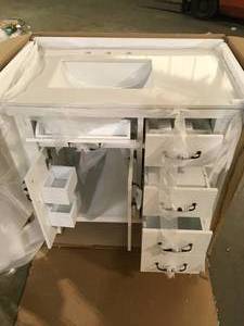 Home Decorators Bellington 36 in. W x 22 in. D x 34.5 in. H Bath Vanity in White with White Engineered Stone Top - damaged top review pictures customer return