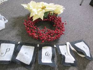wreath and hanging banner...
